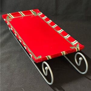 Ganz Christmas Sleigh Red With Holly Berries Metal Frame Serving Platter